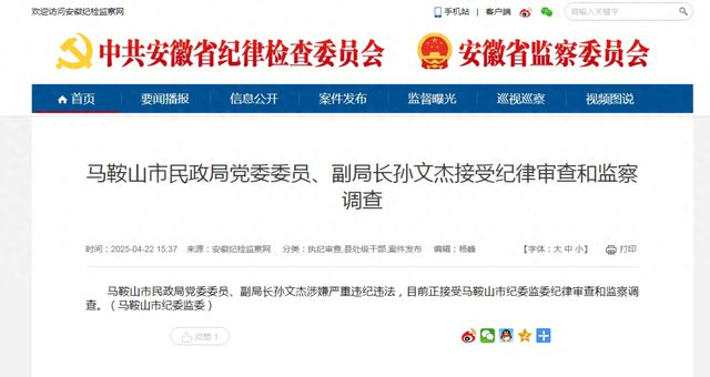 马鞍山市民政局副局长孙文杰，被查！