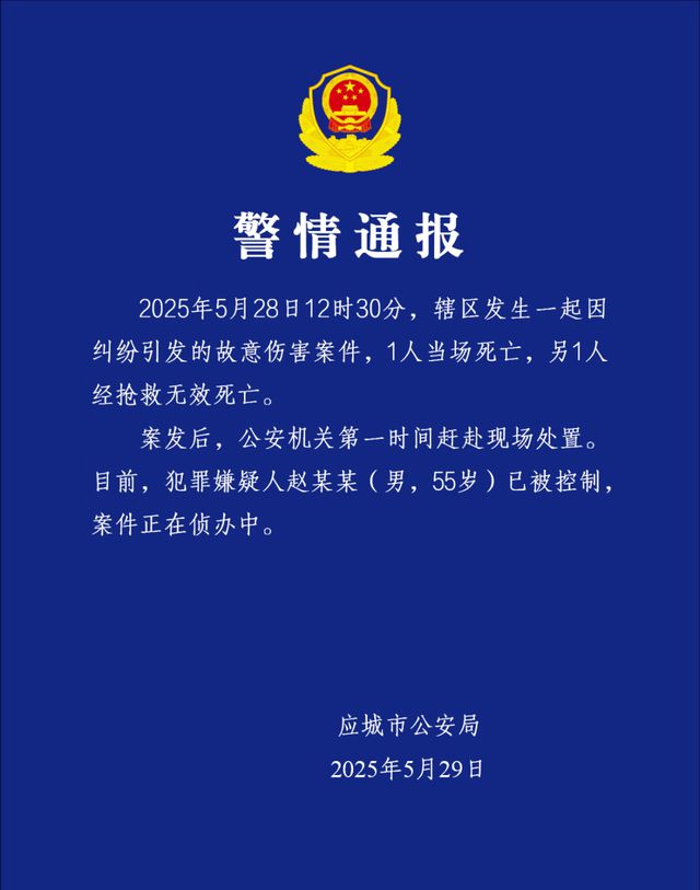 湖北应城通报一起故意伤害案件：2人死亡，赵某某（男，55岁）已被控制