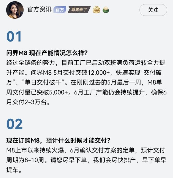 问界M8开启双班满负荷运转模式：6月将交付2-3万台