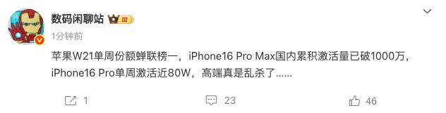 苹果单周份额蝉联榜一：iPhone16 Pro单周激活近80万